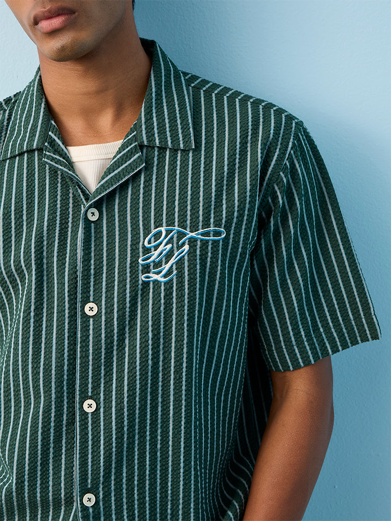 Nuon Green Striped Relaxed-Fit Cotton Shirt