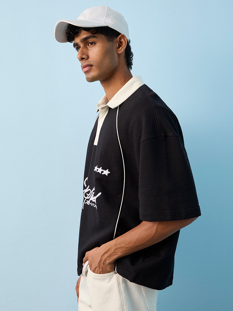 Nuon Black Text-Design Oversized-Fit Cotton Polo T-Shirt