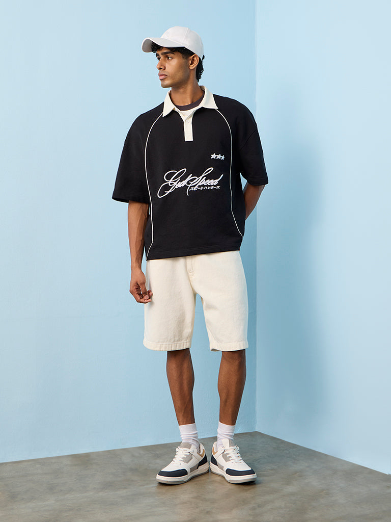 Nuon Black Text-Design Oversized-Fit Cotton Polo T-Shirt