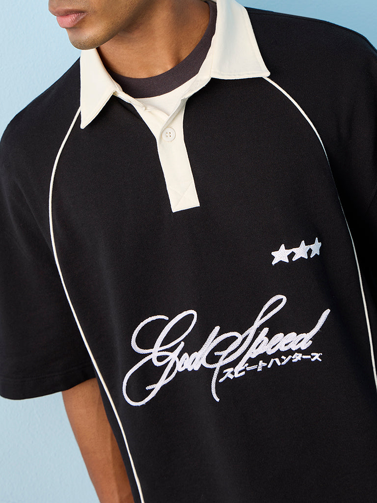 Nuon Black Text-Design Oversized-Fit Cotton Polo T-Shirt