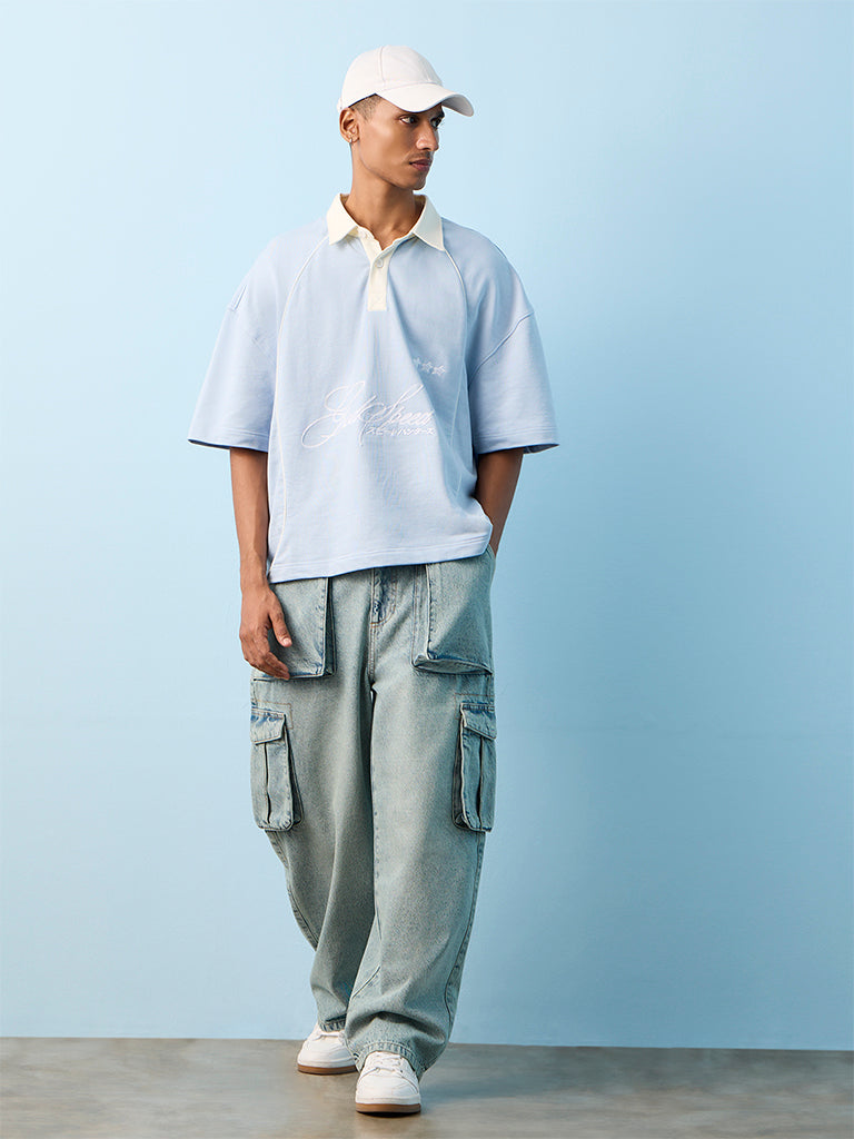 Nuon Light Blue Text-Printed Relaxed-Fit Cotton T-Shirt