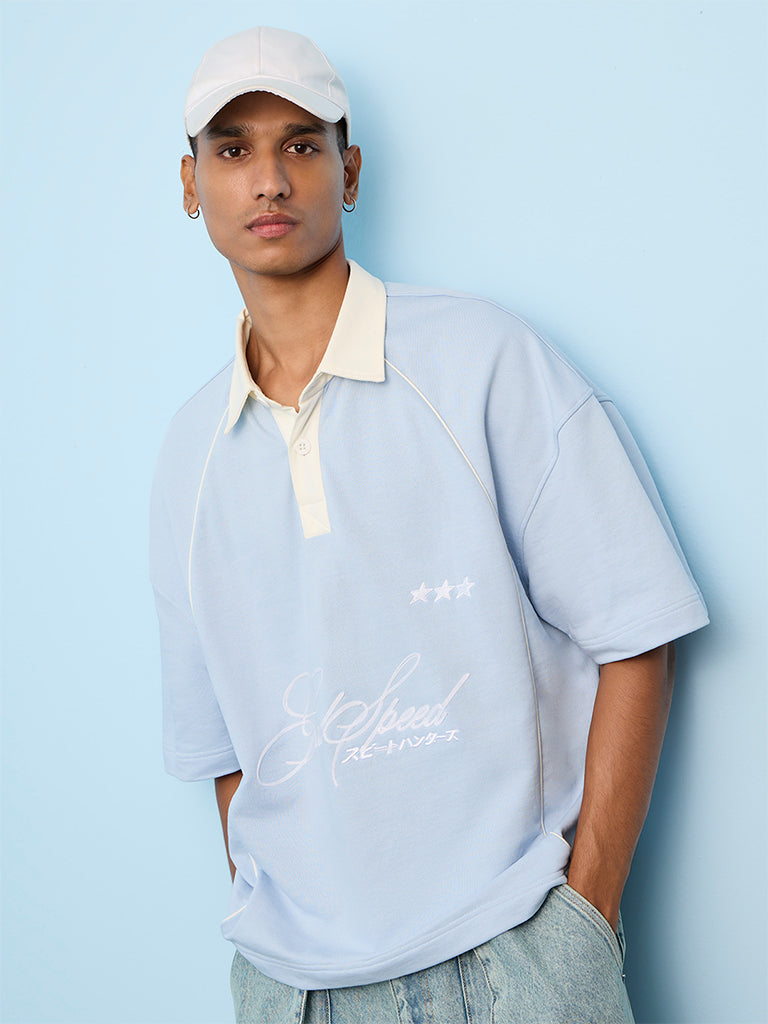 Nuon Light Blue Text-Printed Relaxed-Fit Cotton T-Shirt