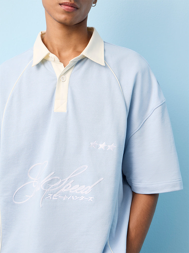 Nuon Light Blue Text-Printed Relaxed-Fit Cotton T-Shirt