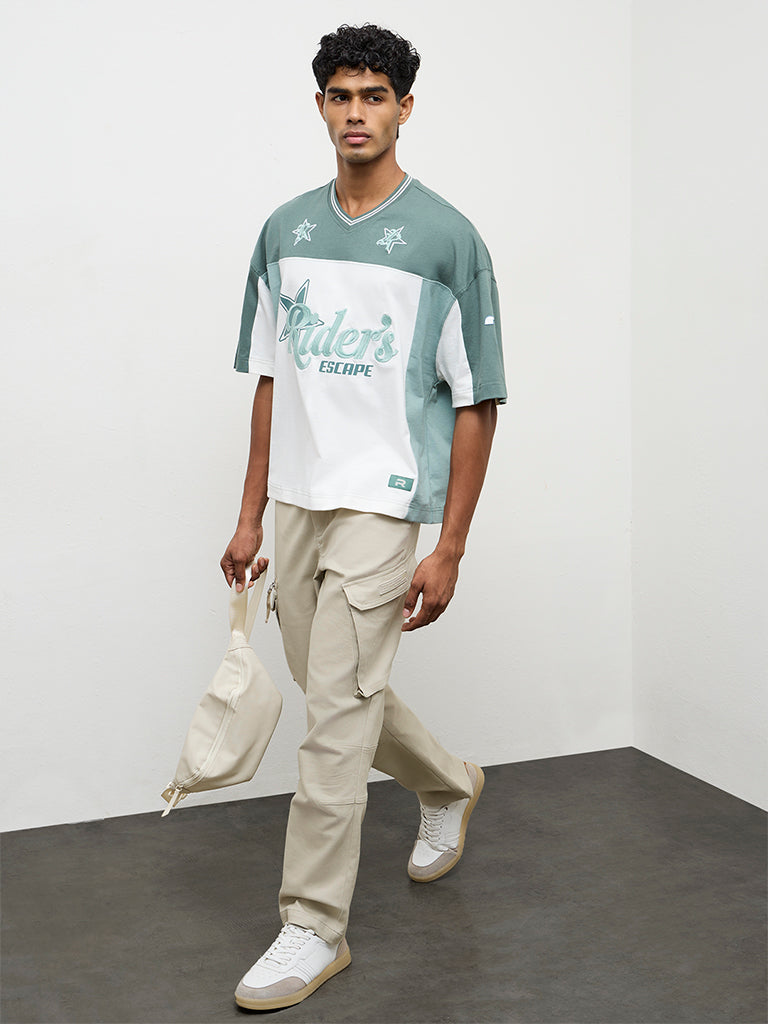 Nuon Green Color-Blocked Oversized Cotton T-Shirt