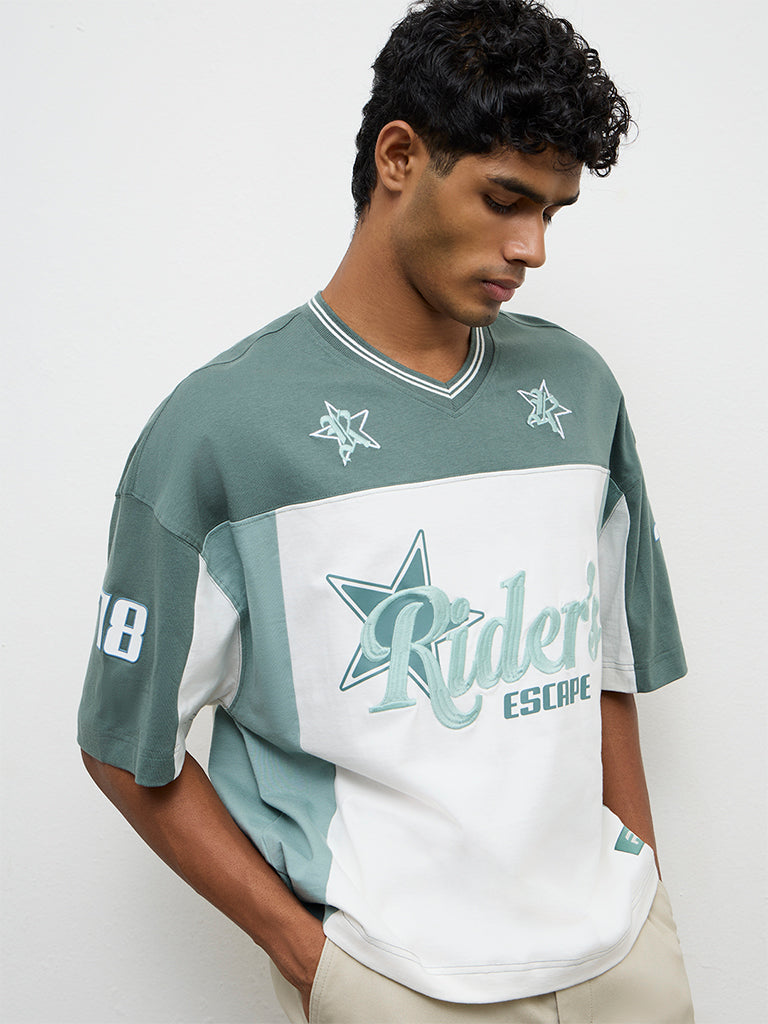Nuon Green Color-Blocked Oversized Cotton T-Shirt
