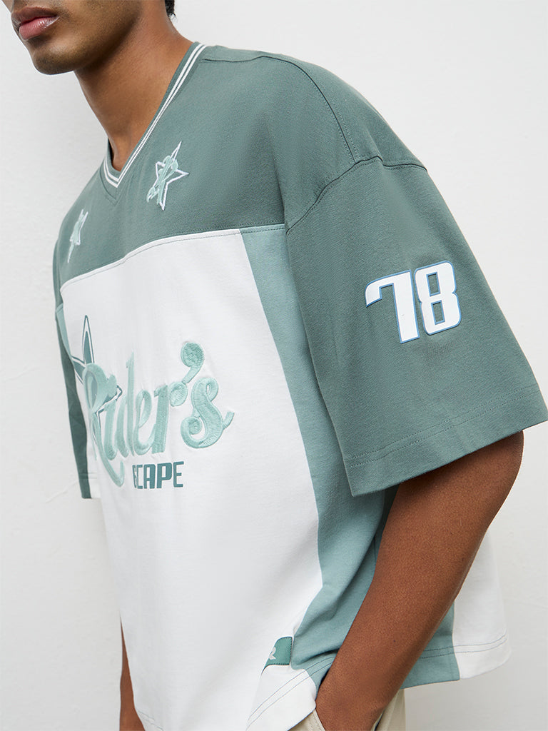 Nuon Green Color-Blocked Oversized Cotton T-Shirt