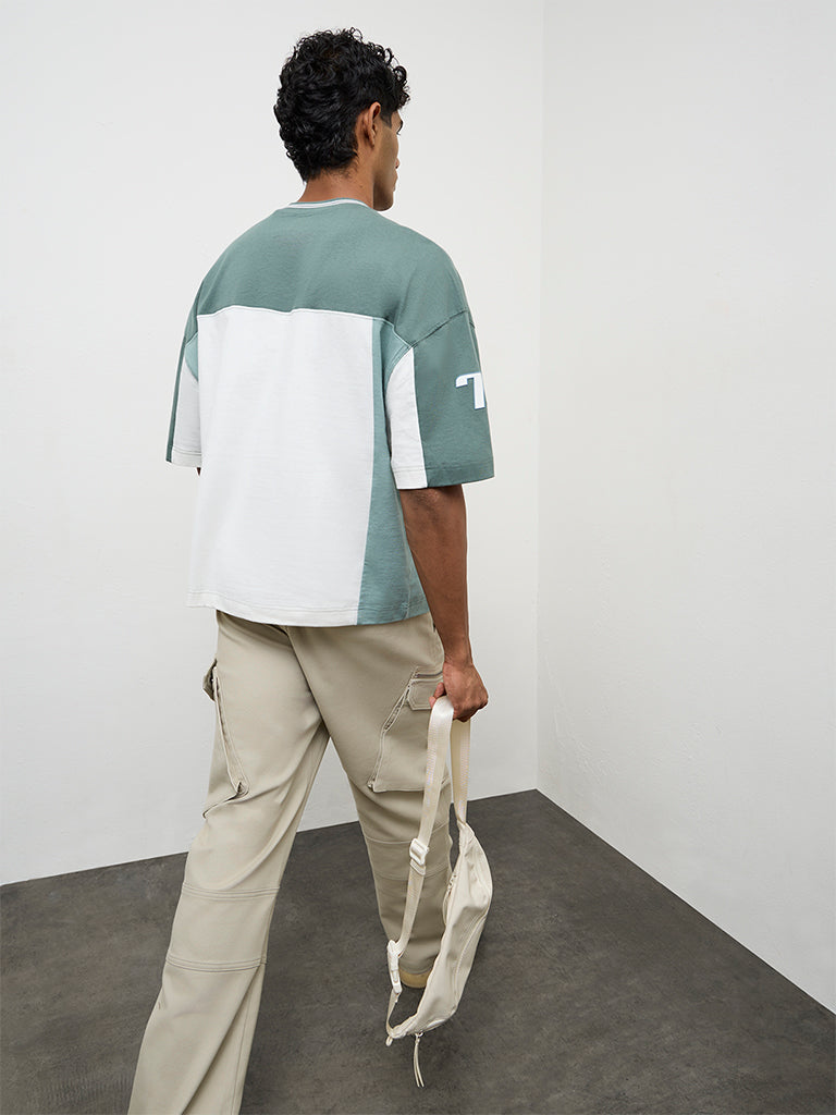 Nuon Green Color-Blocked Oversized Cotton T-Shirt