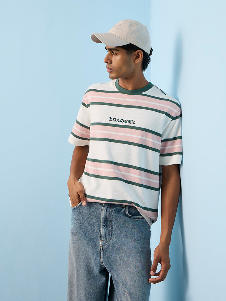 Nuon Pink Striped Relaxed-Fit Cotton T-Shirt
