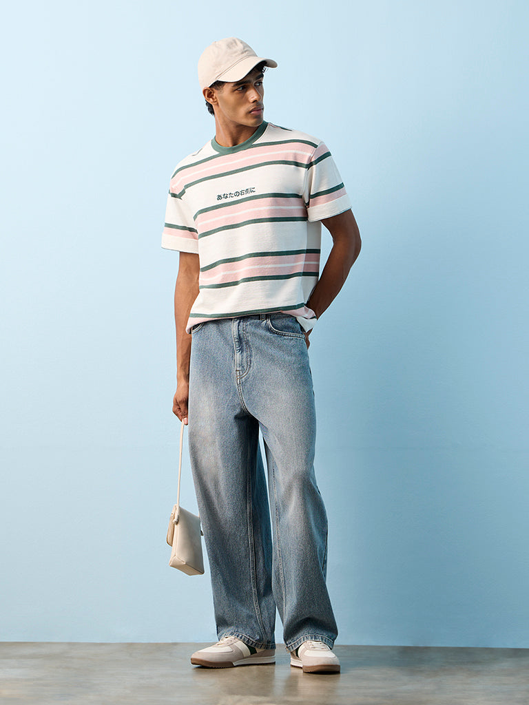 Nuon Pink Striped Relaxed-Fit Cotton T-Shirt