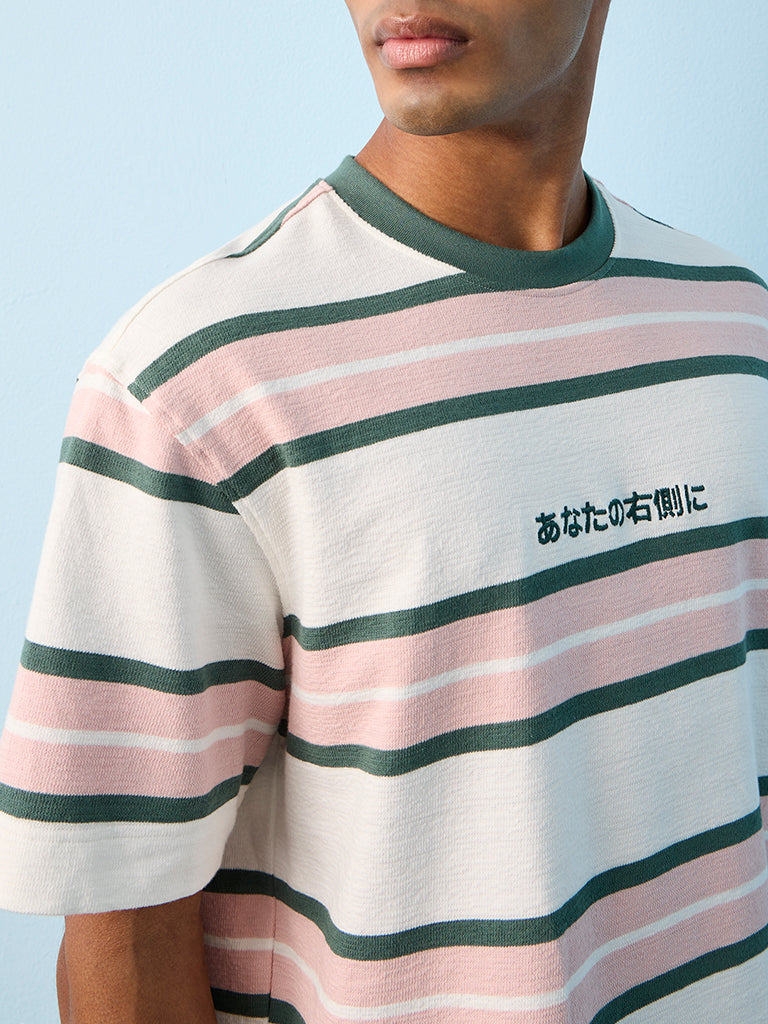 Nuon Pink Striped Relaxed-Fit Cotton T-Shirt
