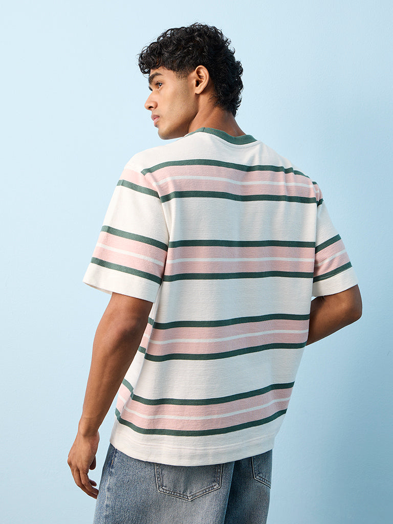 Nuon Pink Striped Relaxed-Fit Cotton T-Shirt