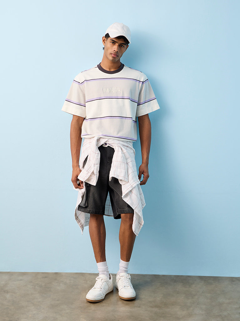 Nuon Off-White Striped Relaxed-Fit Cotton T-Shirt