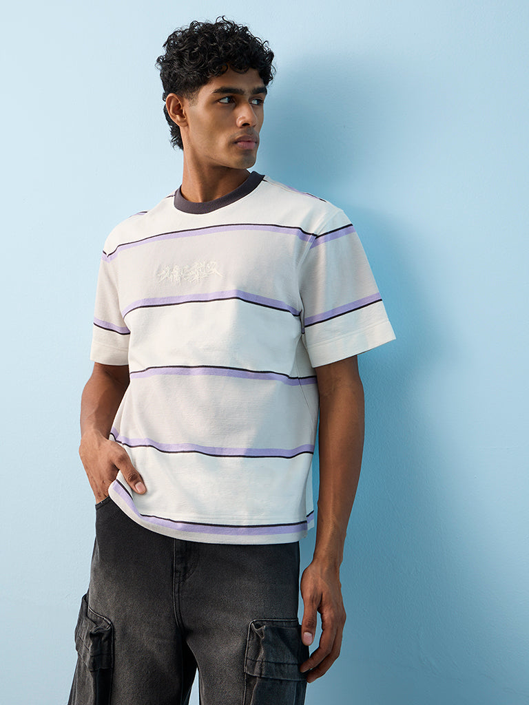Nuon Off-White Striped Relaxed-Fit Cotton T-Shirt