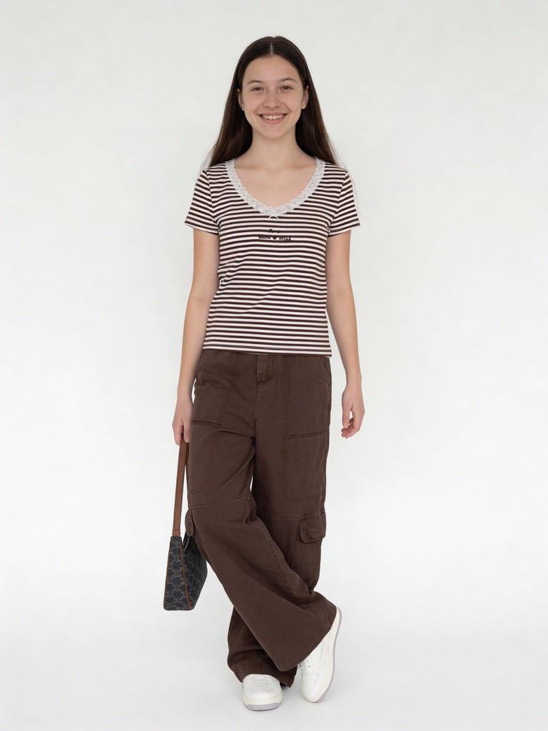 Girls Brown Striped Cotton-Blend T-Shirt