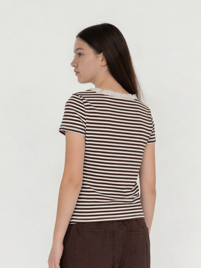 Girls Brown Striped Cotton-Blend T-Shirt