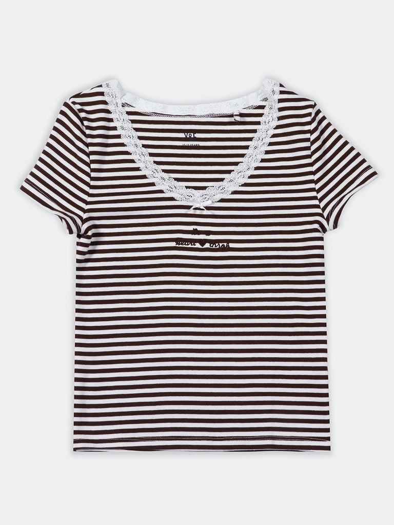 Girls Brown Striped Cotton-Blend T-Shirt