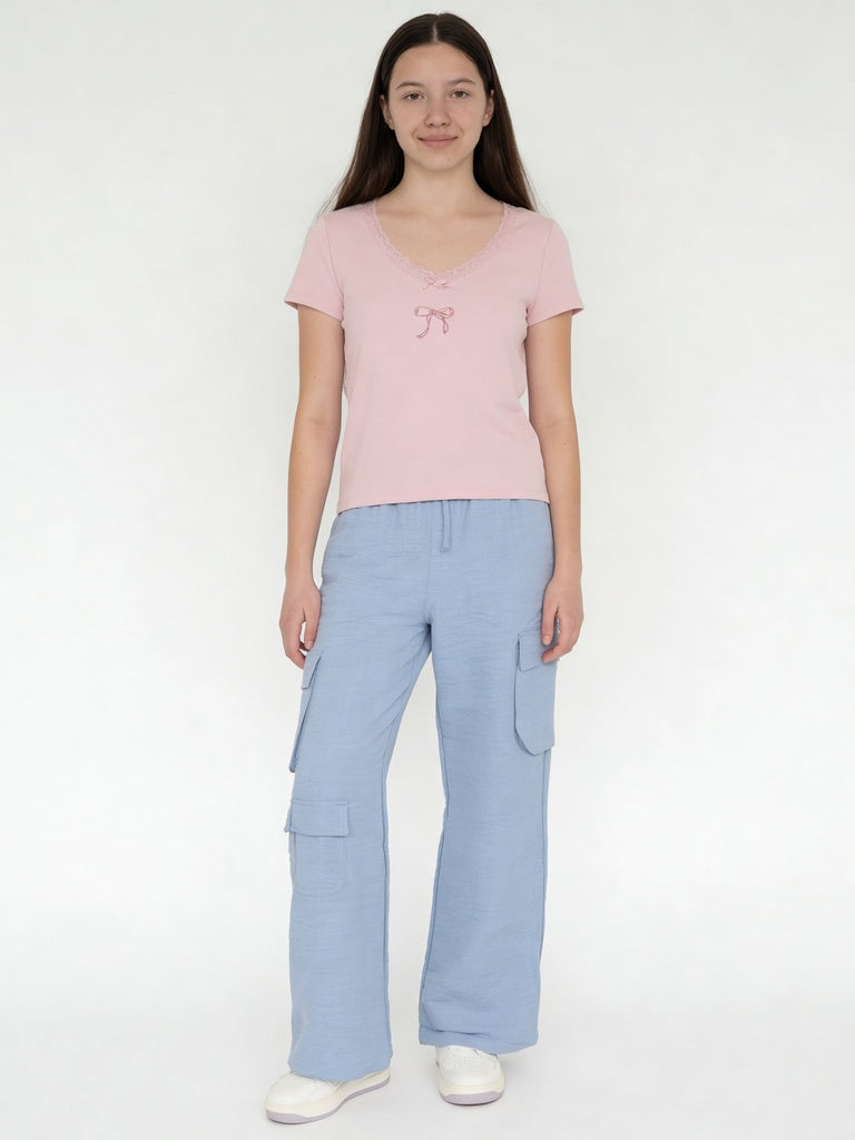 Girls Pink Lace Trim Bow Detail Regular Fit Cotton-Blend T-Shirt