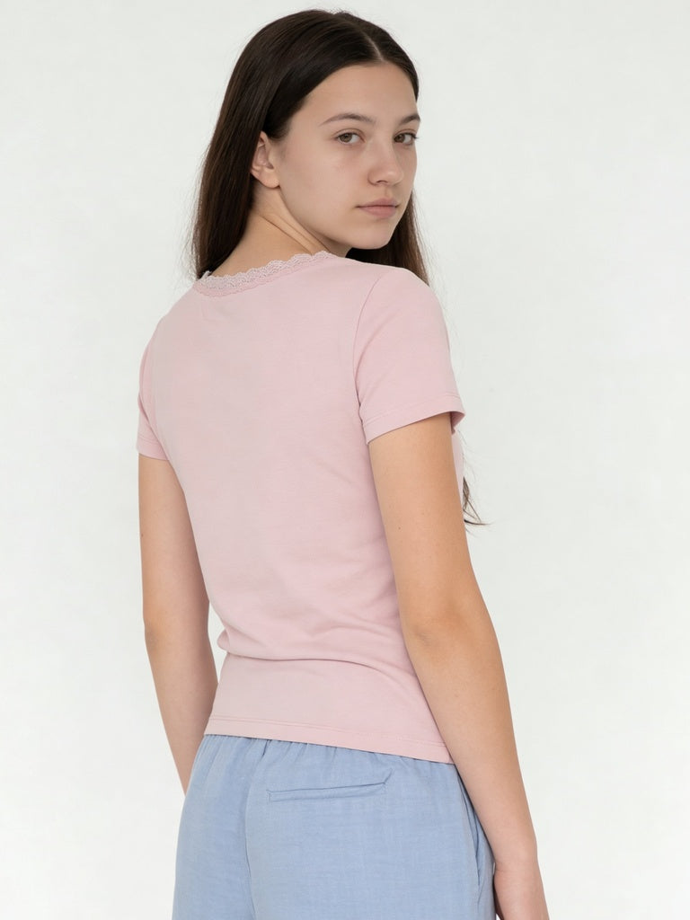 Girls Pink Lace Trim Bow Detail Regular Fit Cotton-Blend T-Shirt