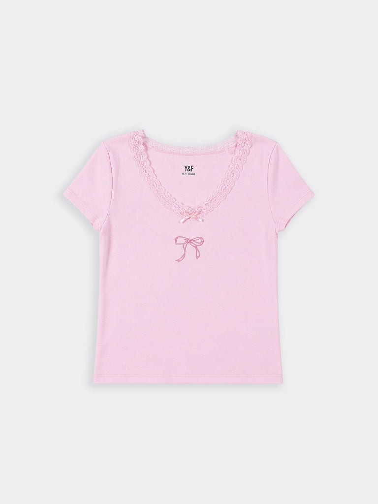 Girls Pink Lace Trim Bow Detail Regular Fit Cotton-Blend T-Shirt