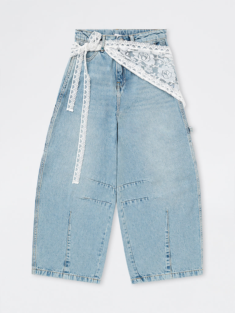 Girls Blue Lace Tie-Up Detail Barrel-Fit High-Rise Jeans