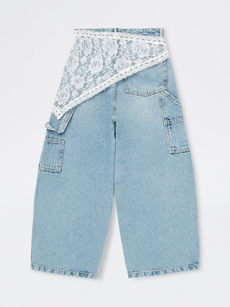 Girls Blue Lace Tie-Up Detail Barrel-Fit High-Rise Jeans