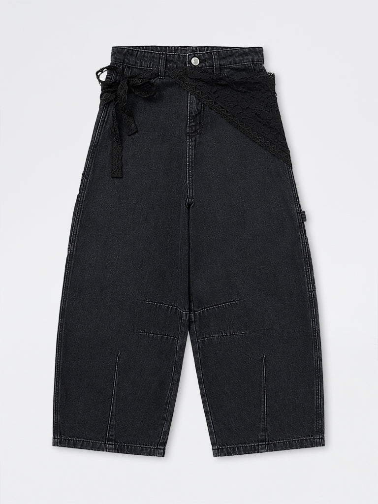 Girls Charcoal Lace Tie-Up Detail Barrel-Fit High-Rise Jeans