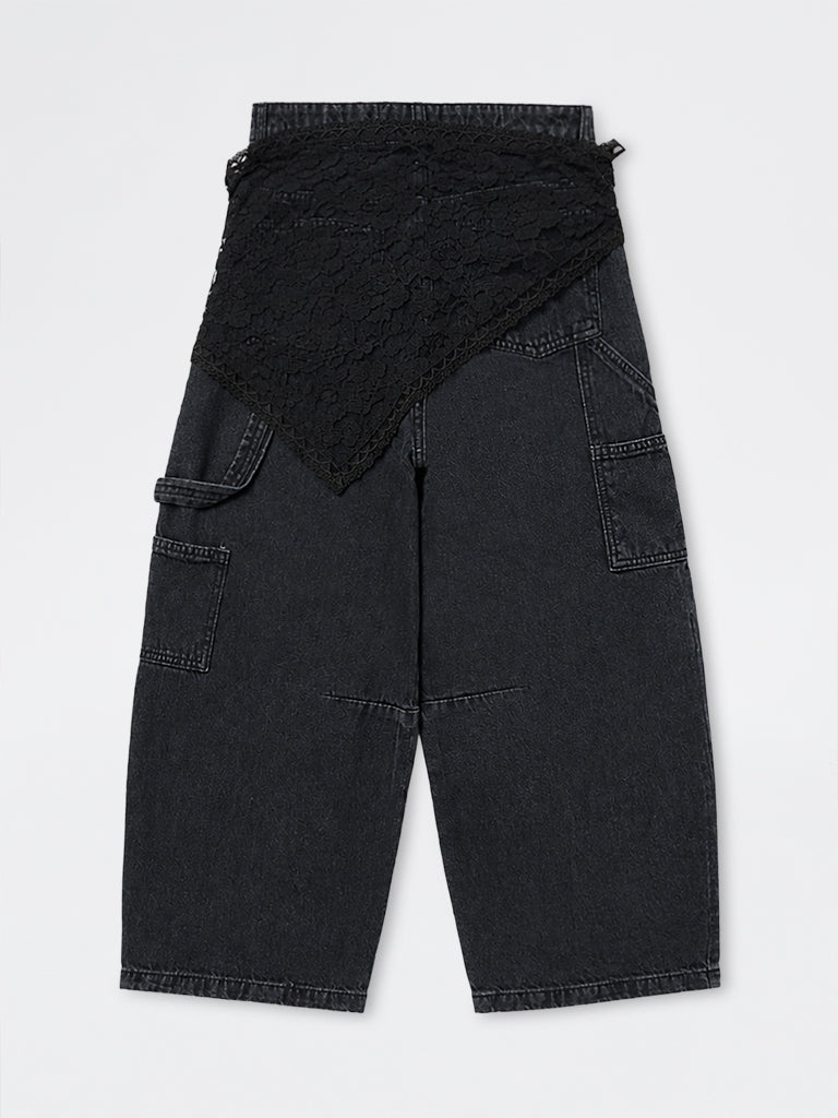 Girls Charcoal Lace Tie-Up Detail Barrel-Fit High-Rise Jeans