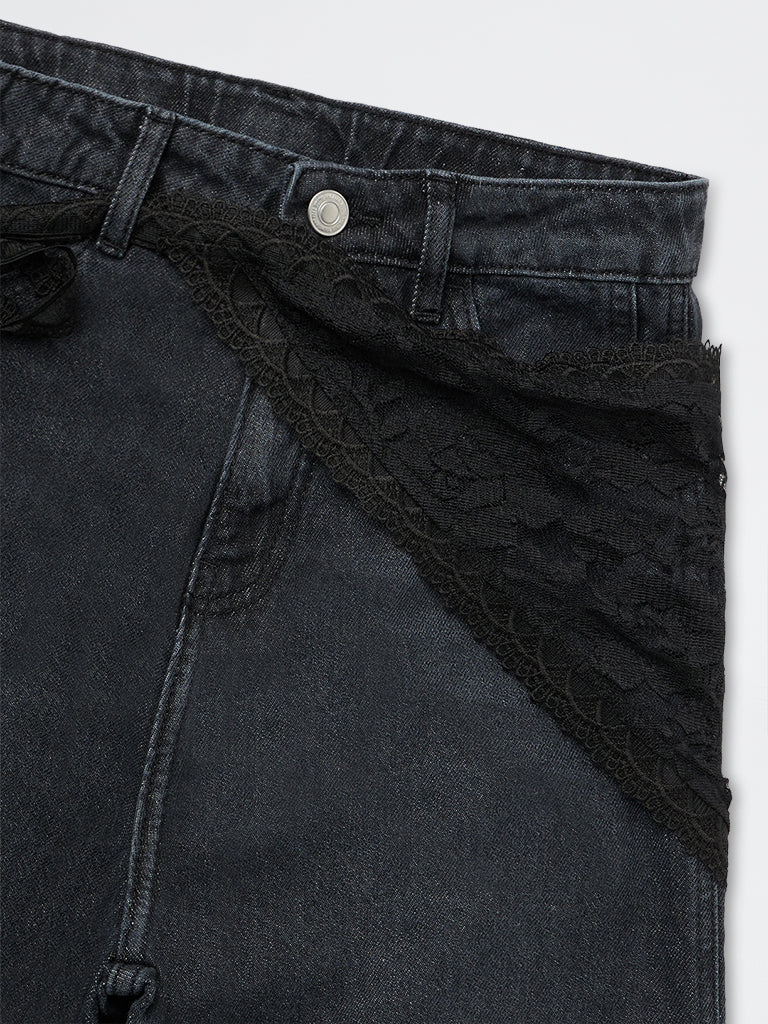 Girls Charcoal Lace Tie-Up Detail Barrel-Fit High-Rise Jeans