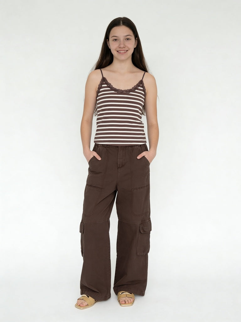 Girls Brown Striped Cotton-Blend Camisole Top