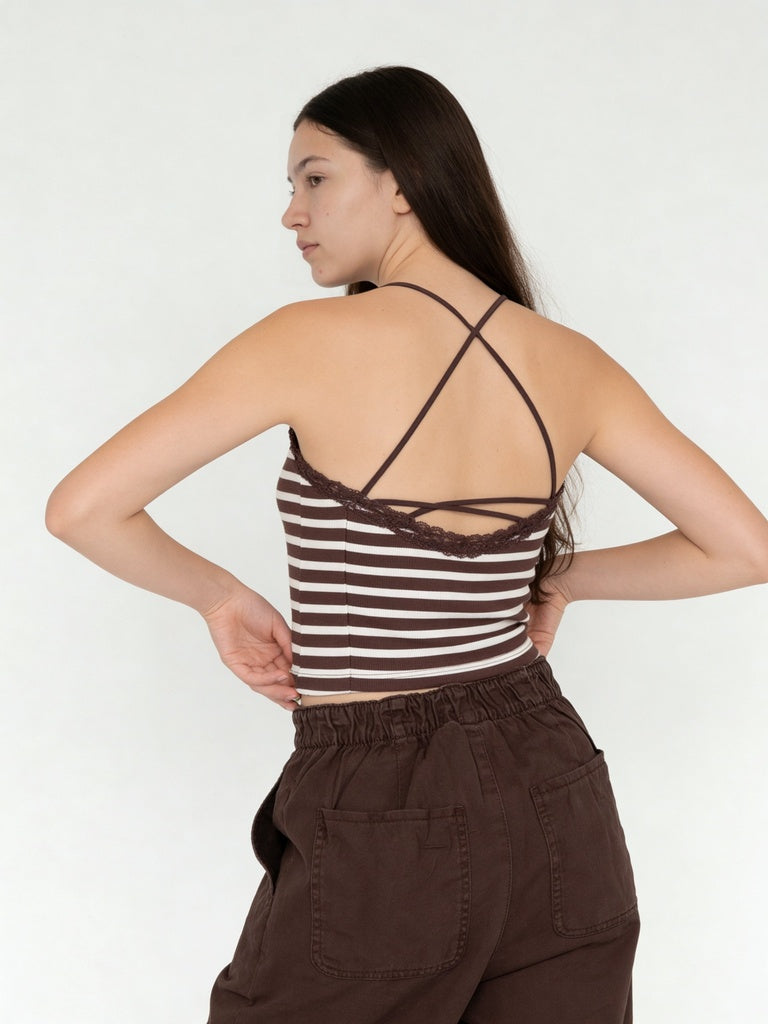 Girls Brown Striped Cotton-Blend Camisole Top