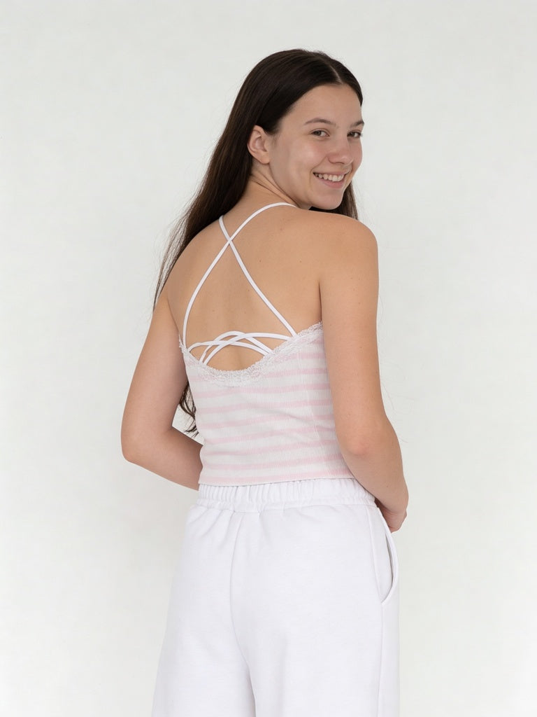 Girls Pink Striped Cotton-Blend Camisole Top