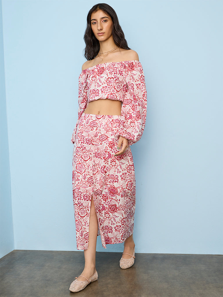 Bombay Paisley Off-White Floral High-Rise Cotton Skirt