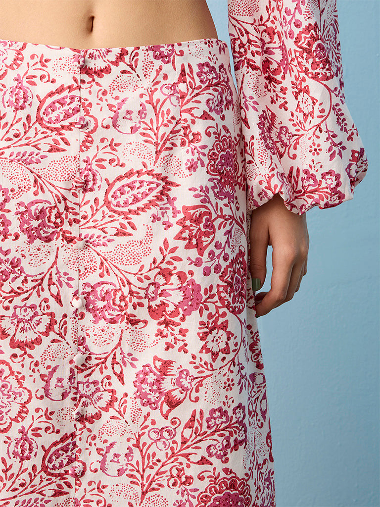 Bombay Paisley Off-White Floral High-Rise Cotton Skirt