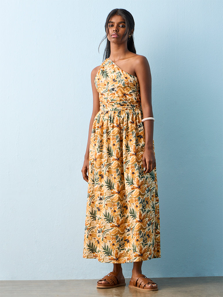 Bombay Paisley Yellow Floral Cotton One-Shoulder Dress