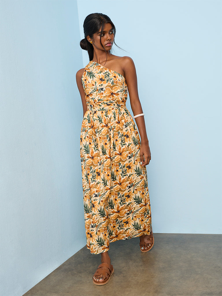 Bombay Paisley Yellow Floral Cotton One-Shoulder Dress