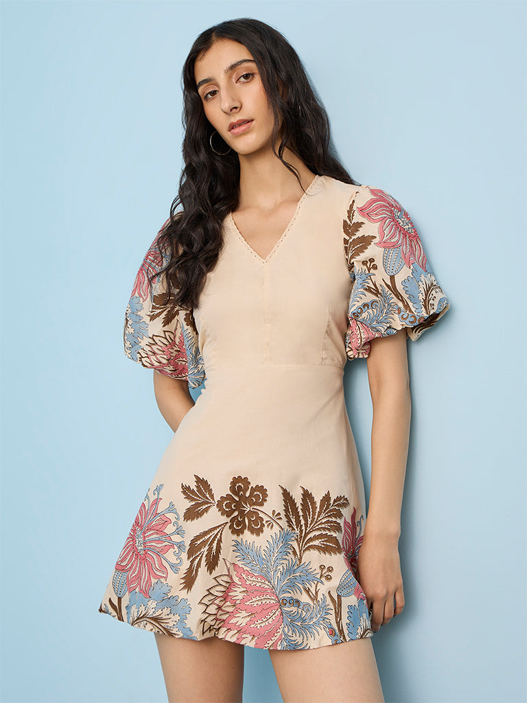 Bombay Paisley Off-White Floral Printed Cotton A-Line Dress