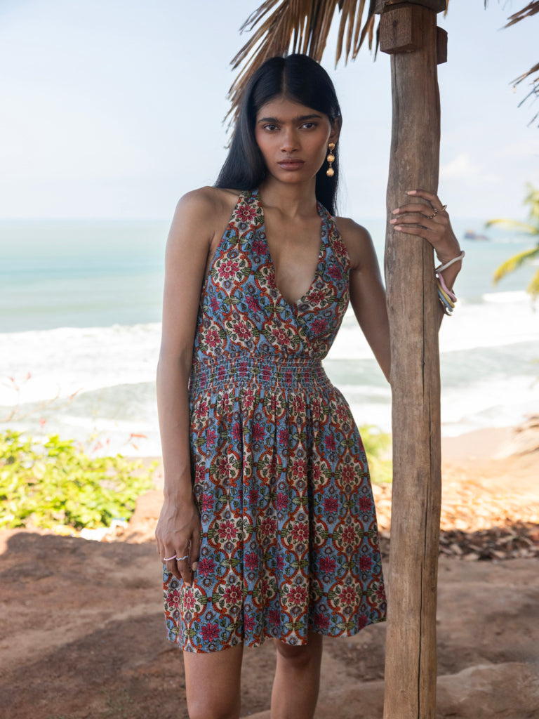 Bombay Paisley Blue Foliage Printed A-Line Dress