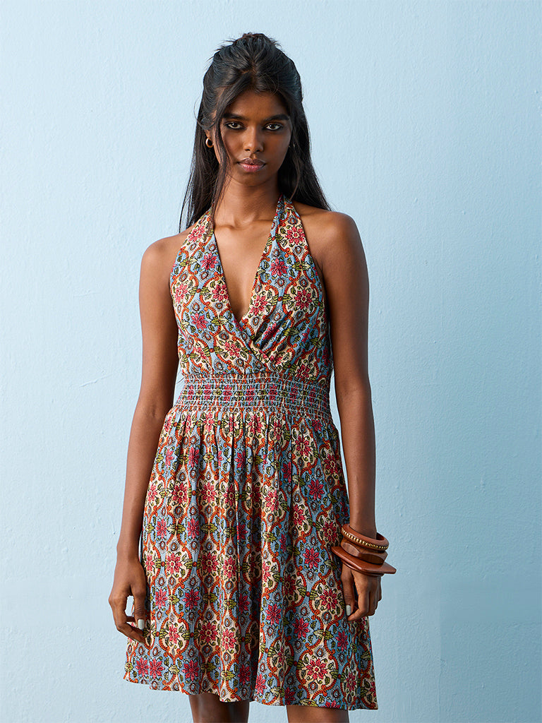 Bombay Paisley Blue Foliage Printed A-Line Dress