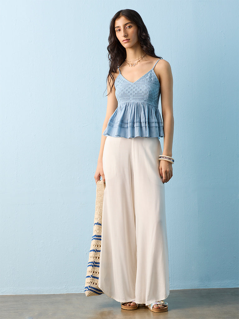 Bombay Paisley Blue Crochet Embroidered Cotton Top