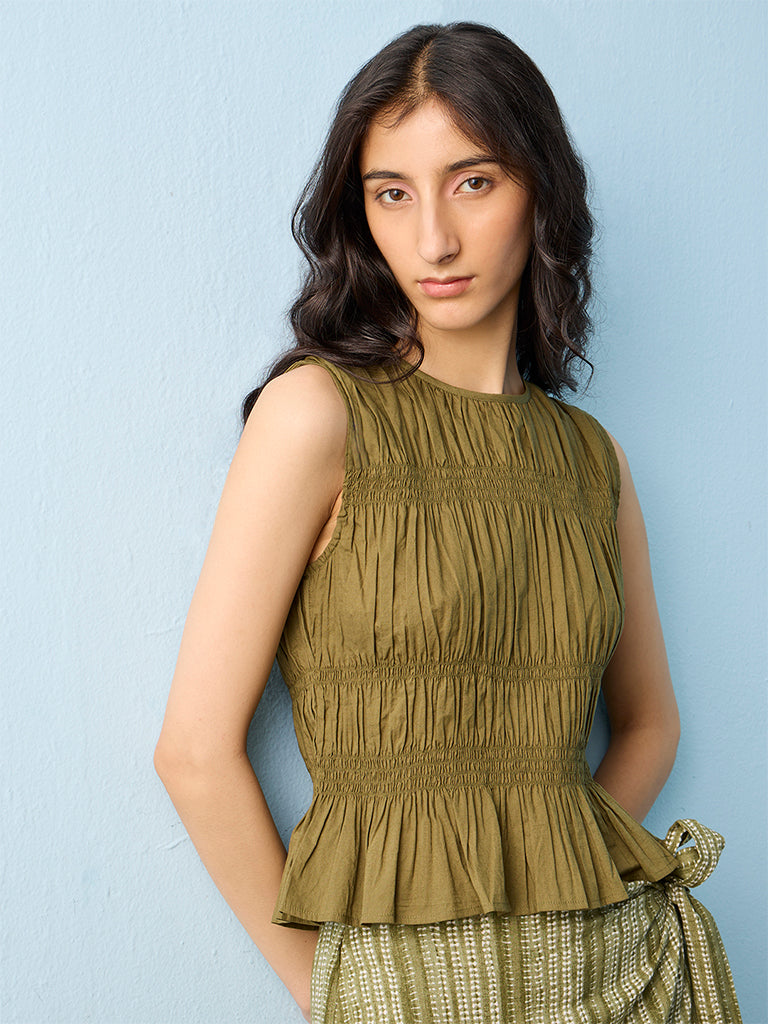Bombay Paisley Olive Smocked Cotton Top