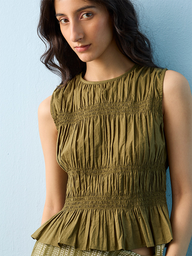 Bombay Paisley Olive Smocked Cotton Top