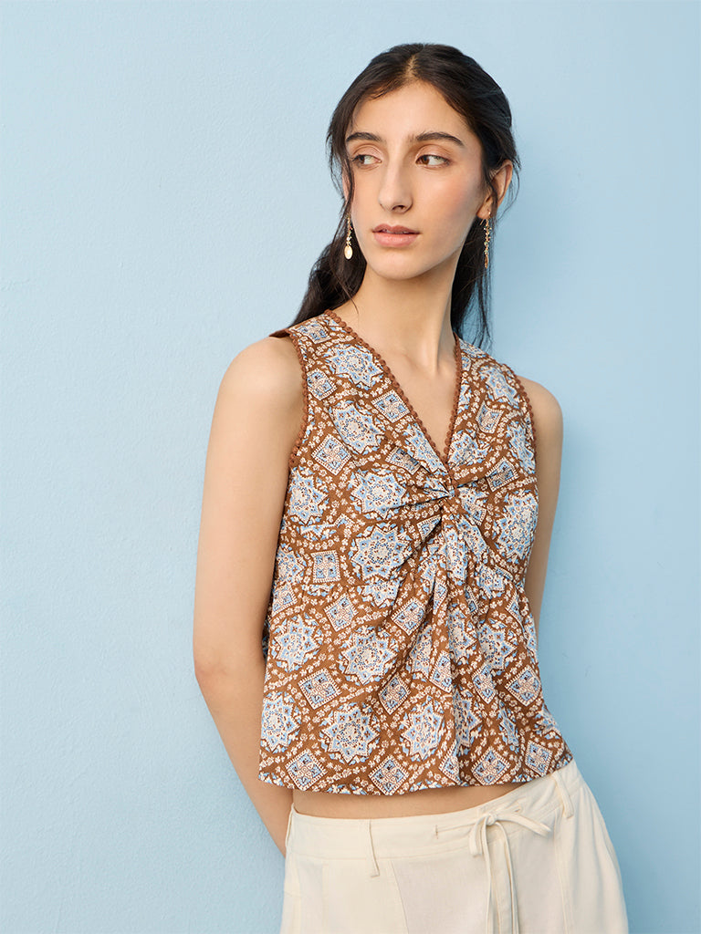 Bombay Paisley Brown Floral Printed Cotton Top