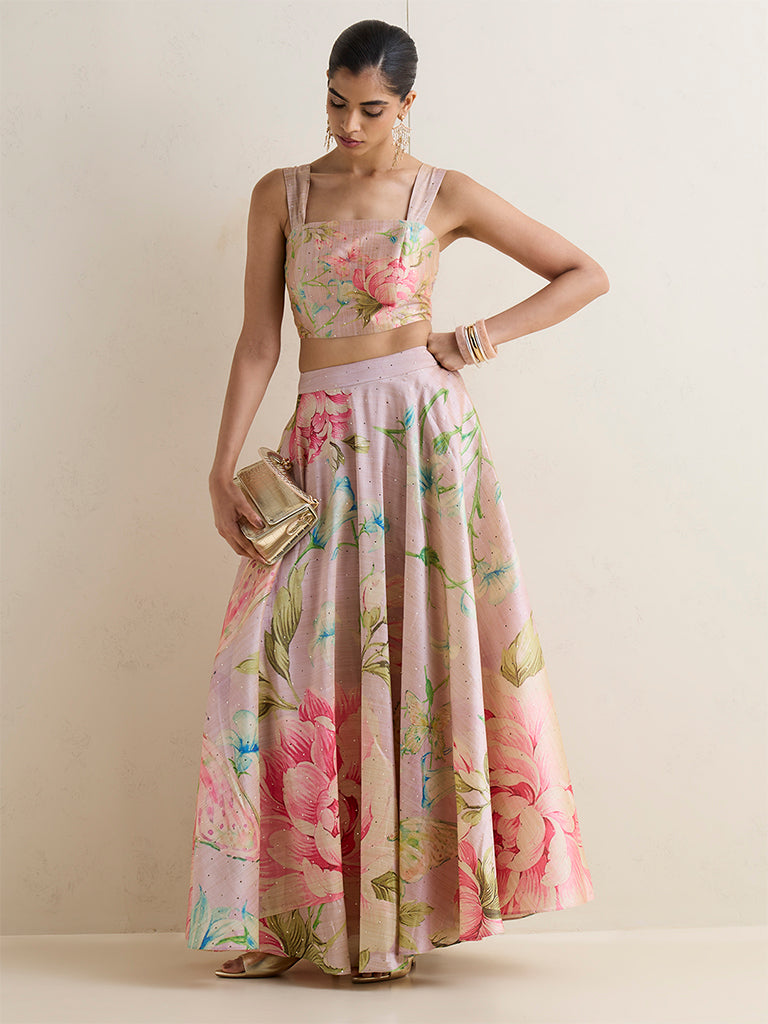 Vark Dusty Pink Foliage Printed Maxi Skirt