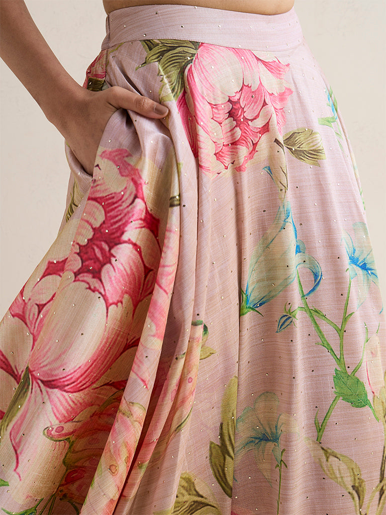 Vark Dusty Pink Foliage Printed Maxi Skirt