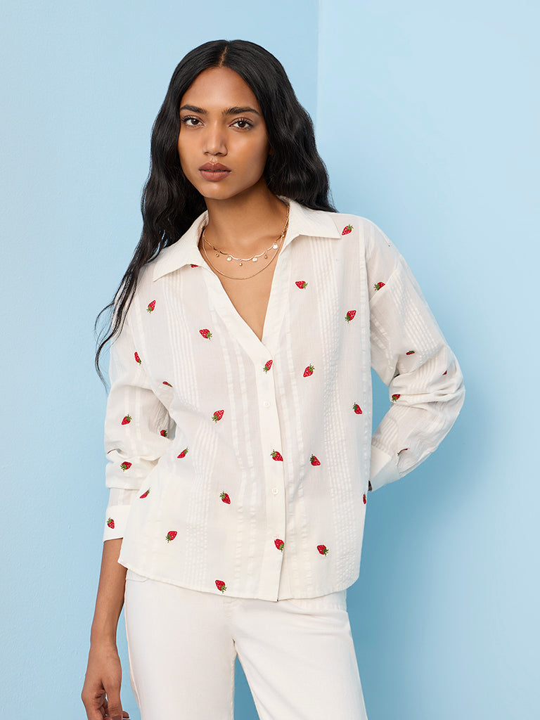 LOV White Strawberry Design Cotton Shirt