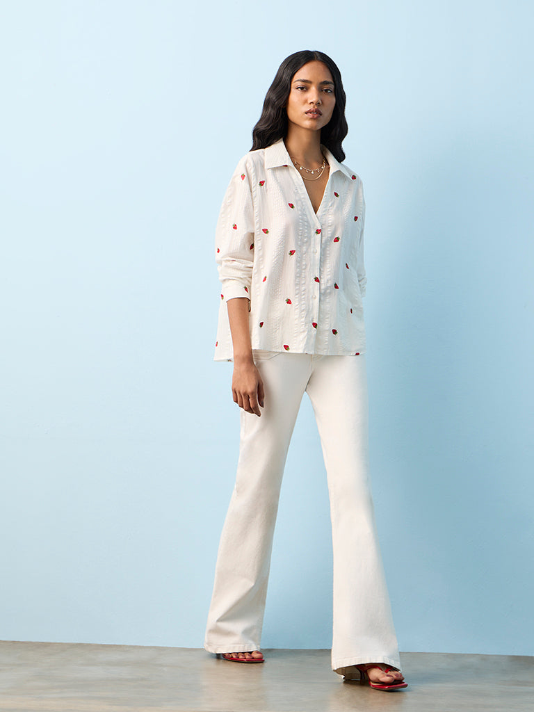 LOV White Strawberry Design Cotton Shirt