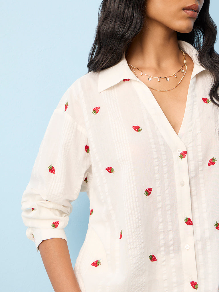 LOV White Strawberry Design Cotton Shirt