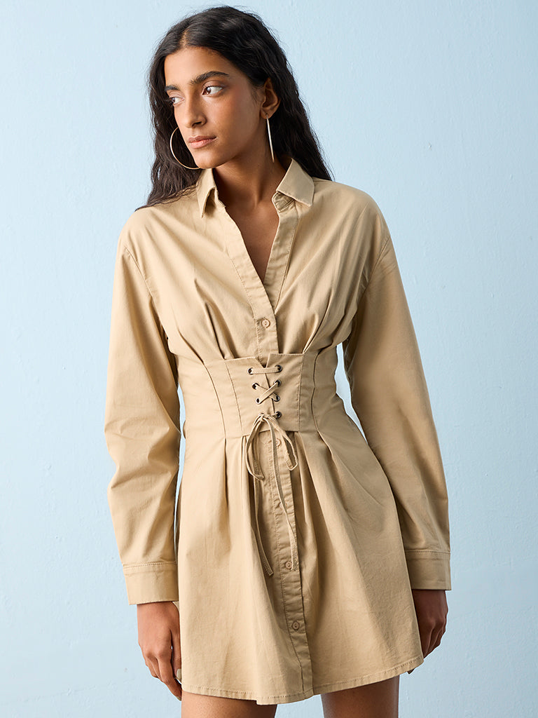 Nuon Beige Criss-Cross Design Cotton-Blend Shirt Dress
