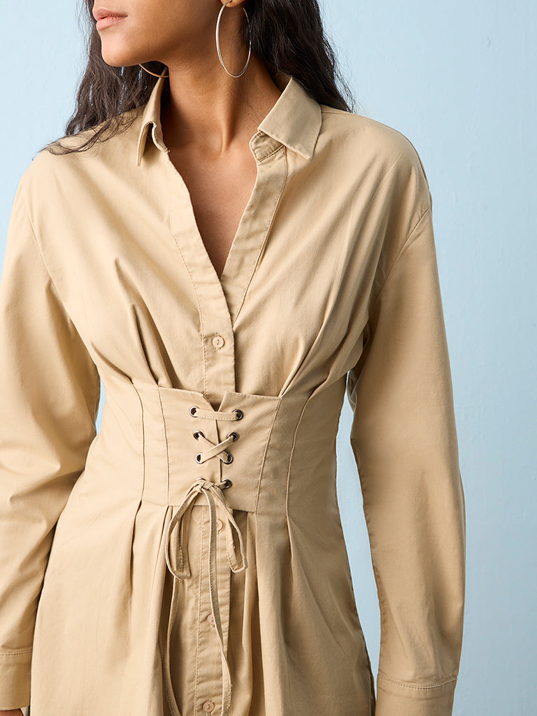 Nuon Beige Criss-Cross Design Cotton-Blend Shirt Dress