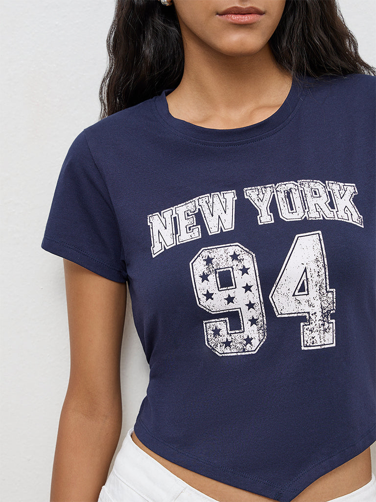 Nuon Navy Graphic Printed Cotton T-Shirt